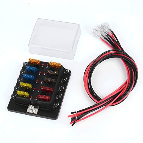Jtron Auto Sicherungskasten kfz 12V 10 Wege Blade Sicherungshalter mit Kabel LED Anzeige ATC/ATO 5A 7.5A 10A 15A 20A Sicherungsbuchse für Auto Boot Marine LKW (10 way)