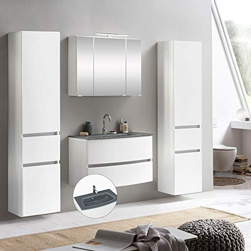 Lomadox Bad Komplett Set in matt weiß mit Glasbecken grau, BxHxT: ca. 200x200x49 cm