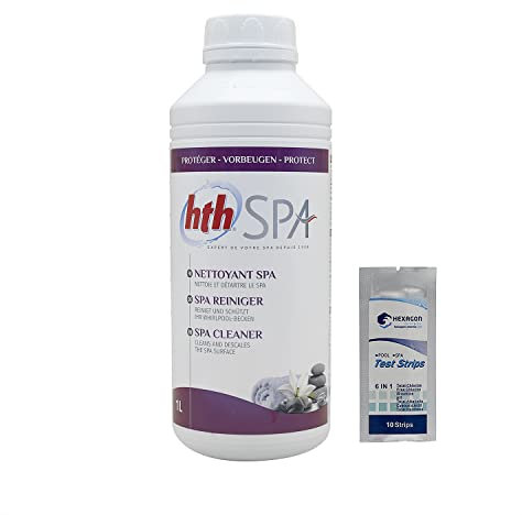 HTH Spa NETTOYANT Liquide - 1L | Nettoyant Spa - Nettoie et Détartre Le Spa + 10 Tests HPS OFFERTS 6 en 1