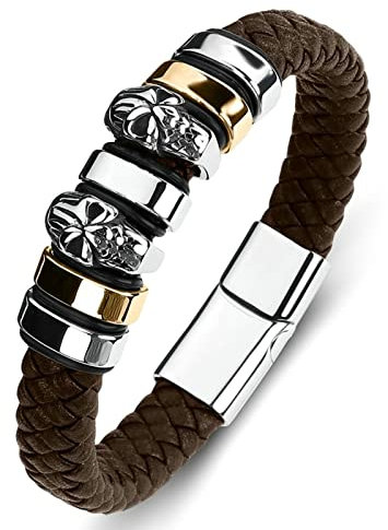 Ayoiow Männer Armband Indianer, Armband Herren Edelstahl Armband Leder Jungen Braun Flechtarmband mit Totenkopf