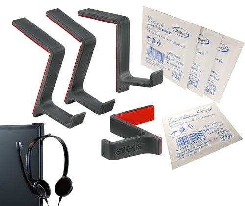 STEKIS Support Casque pour Écran - Lot de 4 Crochets Porte Casque au Design Compact - avec Chiffon de Nettoyage - Support de Casque Bureau pour Un Meilleur Rangement sur Le Poste de Travail