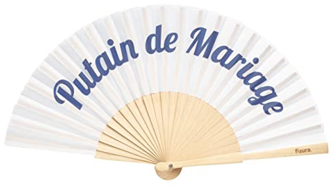 Fisura - Ventaglio matrimonio. Originale ventaglio p*tain de mariage. Ventilatore a mano. Ventaglio bianco e blu. Dimensioni: 42,5cm x 23 cm. Materiale: legno e tessuto.