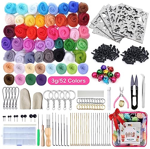 TAVADA Lana de fieltro,Juego de Lana de Fieltro,Kit de Fieltro de Lana, Kit de Inicio de Fieltro de Aguja para Fieltro Hechos a Mano Creativos y Muñecos de Bricolaje (52 colores + herramientas)