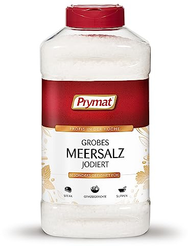 Prymat grobes Meersalz 1800g, jodiertes Meersalz grobkörnig, Salz für Mühle, Verfeinerung und Abschmeckung von Speisen, im Streuer