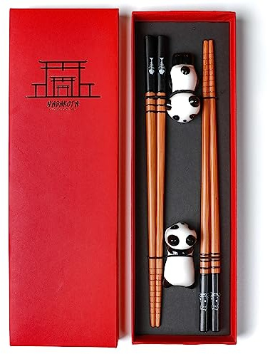 Nasakota Wooden Chopsticks Set 2 Pairs Reusable Chopsticks with Ceramic Panda Rest, Japanese Chinese Chop Sticks for Sushi, Ramen, Noodles, Rice