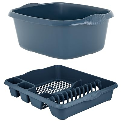 M1SS Combo of 39cm Rectangular Washing up Bowl with Large Dish Drainer Plate Rack Draining Board Tray Stand Sink Holder Kitchen Organiser (Navy)