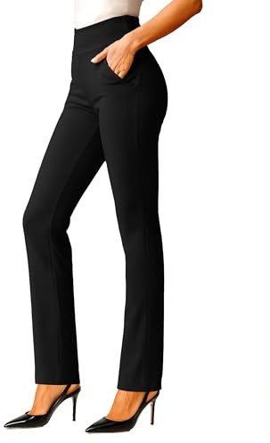Conceited Womens Dress Pants with Tummy Control - Wear to Work - Stretch High Waisted Slacks with Pockets - Black - X-Large