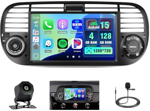Hikity - Android trådlös Carplay-bilradio med Navi för FIAT 500 2007-2015 Android-bilradio med Bluetooth 7-tums pekskärmsradio FM/RDS EQ-mikrofon + backkamera