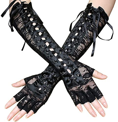 SePkus Spitzen-Spitzenhandschuhe, lang, sexy, sexy Schleife, Niete, Finger-Etikette-Handschuhe (Farbe: A, Größe: 39 cm) (A 39 cm)
