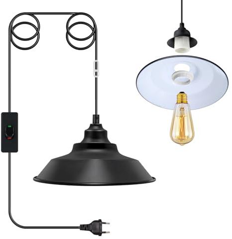 Hängelampe mit Stecker, Lampenfassung E27 mit 450CM Kabel und Schwarz Metall Lampenschirm, Vintage Pendelleuchte mit Stecker Schalter, Lampenkabel mit Fassung, Hängeleuchte Steckdose für Ländliche