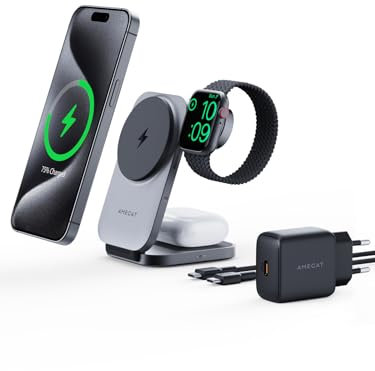 AMEGAT Ladestation 3 in 1 Qi2-Zert, 15W Faltbarer Ladegerät Kompatibel mit Magsafe, Wireless Charger für Apple Watch, iPhone 17/AIr16/15/14/13/12 Serie und Airpods, Grau