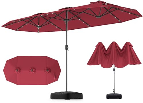 GOPLUS Grand Parasol de Jardin Exterieur avec Pied, 4M Parasol Rectangulaire Double Face pour 6 Personnes avec LED, Manivelle et Ventilation, pour Marché, Piscine, Terrasse, Balcon (Rouge)