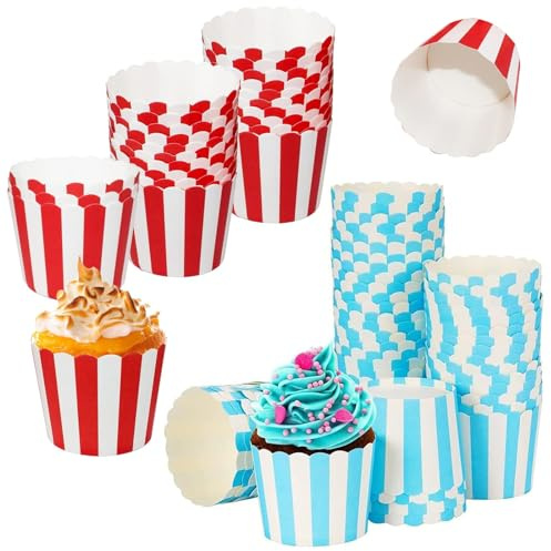 Muffin Papierförmchen, Cupcake Formen Papier 100 Stück, Rot und Blau Muffin Papierförmchen, Muffin Backformen aus Stabilem Papier, für Halloween, Geburtstage, Hochzeiten (Streifen)