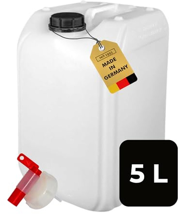 ABACUS® 5 Liter Wasserkanister Natur | Chemiekanister | Auslaufhahn und Deckel (DIN 45) | Lebensmittelecht | Indoor und Outdoor | BPA Frei | Säurefest | Mit Skala zum Ablesen des Füllstands