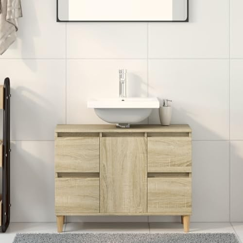 Gecheer Lavabo in Legno Multistrato Rovere Sonoma 80x33x60 cm, Armadietto Autoportante Sottolavabo Salvaspazio, P849665