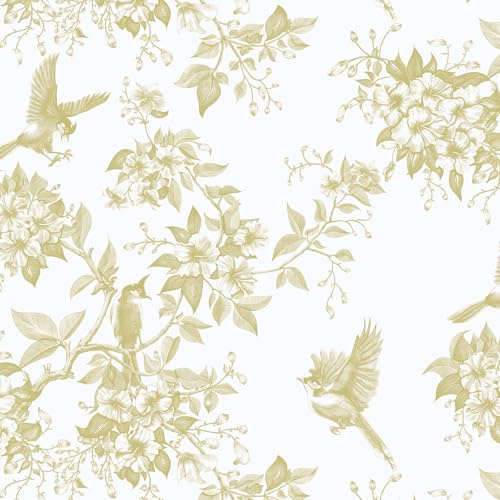 Yomshi Self Adhesive Wallpaper Floral Bird 44×300cm Peel and Stick Wallpaper Gold Vintage Sticky Back Plastic Waterproof Removable Film for Living Room Bedroom Wall Furniture