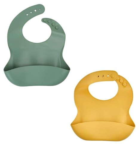 THERMOBABY - Lot De 2 Bavoirs En Silicone Souple Pour Bébé Avec Poche De Récupération - Réglables & Faciles À Nettoyer - Idéal Pour Les Repas, Pratique et Étanche (Vert Cactus & Jaune Miel)