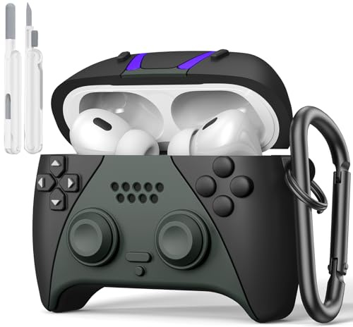 VISOOM Kompatibel mit Airpods Pro 2 Hülle, Silikon Weiches Stoßfest Cute Funny 3D-Spielcontroller-Design Schutzhülle für Airpods Pro 2 Case mit Karabiner Reinigungsset, Schwarz-Weiß