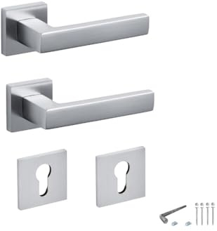 COPPIA MANIGLIE PER INTERNO MODELLO ASTI STILE MODERNO, COMPLETE DI FISSAGGIO E BOCCHETTE FORO YALE (Cromo Satinato)