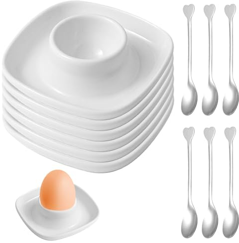 GOMETY 6 stycken äggkoppar porslin vit, vitt porslin, keramik, äggställ med hylla och 6 x skedar, kvadratisk, stapelbar, ägghållare, set, äggkopp för kokta ägg, frukost diskmaskinssäker
