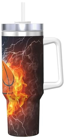 YWSOTRE Balón de baloncesto en llamas y agua,Botella de agua de acero inoxidable con asa para bebidas frías y calientes de 40 oz.