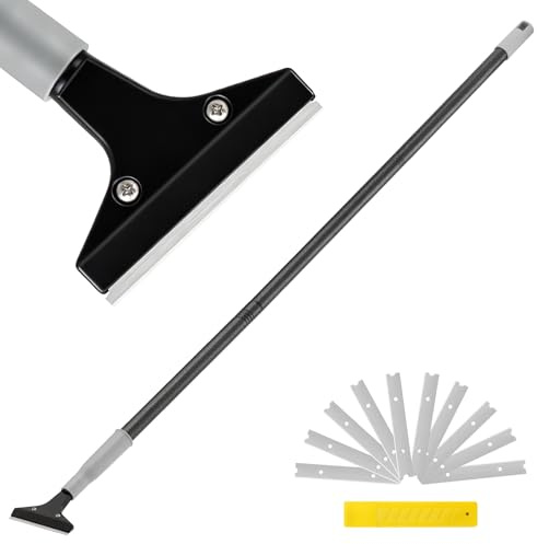 Heavy-Duty Floor Scraper, 4-Inch Razor Blade Scraper Tool, 51-Inch Long Handle, Includes 10 Extra Metal Blades, Paint Scraper for Cleaning Wall, Glass, Adhesives, Chewing Gum, Ceiling
