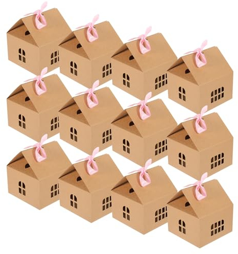 ELAYARD 12 Stück Hausförmige Papier Bonbonboxen mit Lochfenstern Formstabil Vielseitig für Hochzeiten Partys und Festliche Dekorationen
