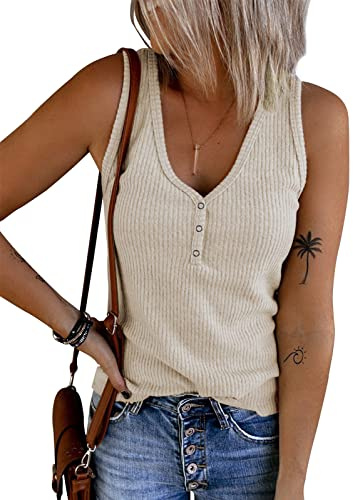 Tuopuda Débardeur Femme Haut Chic col en V Débardeurs Décontracté T-Shirts sans Manche Chemises Boutonné en Tricot Côtelé Gilet Sexy Printemps Eté Tunique Crop Tops