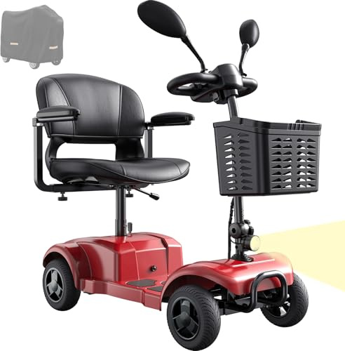 VOCIC Elektrisch Rollstuhl 4 Räder Faltbar Leicht bis 136KG | D42, 20KM Reichweite Outdoor Elektrorollstuhl Elektromobil mit Pannensichere Reifen Roller Mobilität (Rot)