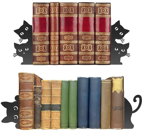 Peeping Cat Metal Bookends, 2 Pairs Metal Cat Bookends, Cute Black Cats Book Ends for Shelves, Desk and Home Office Decor, Gifts for Cats Lovers and Reading Enthusiasts