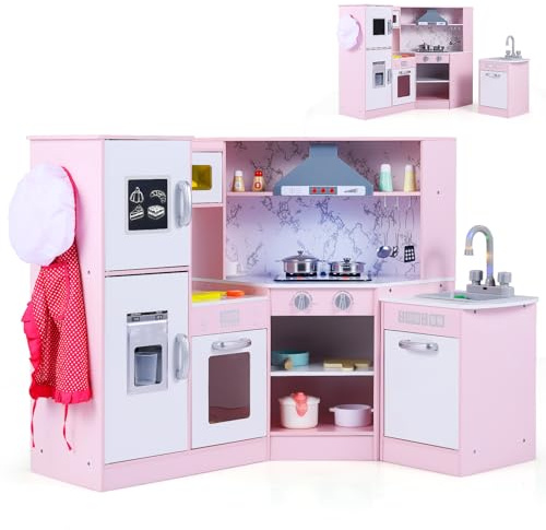 DREAMADE Cuisine d'angle Enfant en MDF, avec Bassin Amovible, Tableau Noir, Accessoires, Ensemble Cuisine de Jeu Simulé avec Lumières & Sons pour 3+ Ans, 100 x 50 x 81 cm (Rose)
