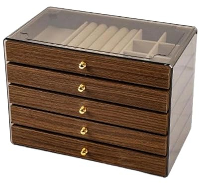 FewNvWa Caja de Joyería de Madera Cofre Multifuncional con Tapa Transparente Cajones Y Compartimentos para Guardar Anillos Collares Pulseras Aretes Adecuada P, 5 Capas
