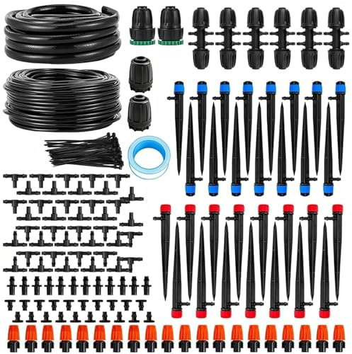 LINGKY 200FT+40FT Irrigation System Kit, Automatic Watering System, Adjustable Drip Irrigation System with 60 m 4/7+12 m 8/11 Irrigation Pipes for Greenhouse, Yard, Lawn, Plant