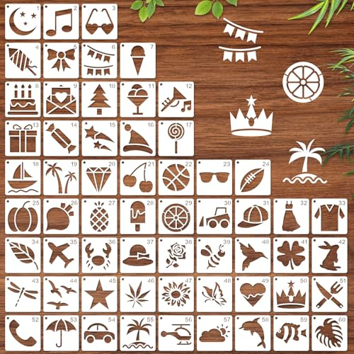 MWOOT 60 Stück Schablonen für Malerei, Kleine Schablonen Set, Wiederverwendbar für Malerei, Scrapbooking, Kleidung, Leinwand, Möbeln, Handwerken (5x5 CM)