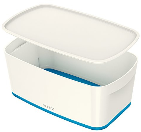 Leitz Small MyBox with Lid, Storage Box for Home and Office, High Gloss Plastic, 5 Litre, A5, White/Blue Metallic