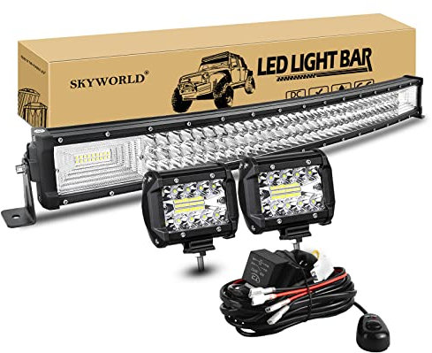 SKYWORLD 81cm 405W LED Arbeitsscheinwerfer Bar Gebogen Led Lichtleiste Offroad beleuchtung, 2x 10cm 60W Led Zusatzscheinwerfe mit 12V kabelbaum kit für Auto SUV ATV UTV LKW 4x4 Nebelscheinwerfer