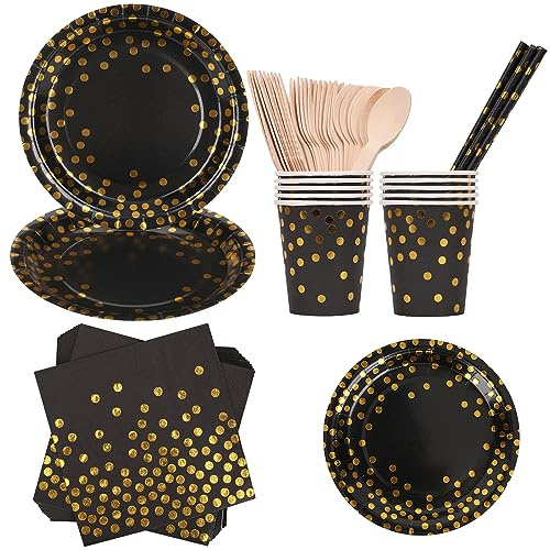 Weddecor 80pcs Paper Plates and Napkins Set, Round Disposable, Black Plates, Black Cups, Black Paper Straws, Black Napkins, Spoons, Forks & Cutlery Perfect for Birthday, Baby Shower, Wedding, Party | Stylish Polka Dot Party Set Is Ideal For Weddings, Birthdays, Anniversaries And Celebrations With Easy Disposable Clean-Up