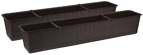 Tymar Blomlåda med underlägg, 2 stycken, rotting, balkonglåda, växtlåda av plast, trädgård, balkong, terrass ((2-pack) brun, 70 cm)