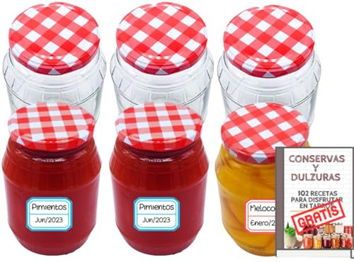 MundoTarros - 6 Tarros de Cristal de 1000ml con Tapas + E-book con 102 Recetas para Conservas - Botes de 1 Litro con Tapa de Rosca - Cierre Hermético para Alimentos Caseros - Incluye Etiquetas