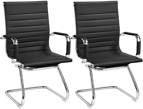Yaheetech Set 2 Sedie Ufficio Senza Ruote per Ospiti Visitatori Riunioni Conferenza Design Cantilever Ergonomiche in Pelle Sintetica con Schienale e Braccioli Nero