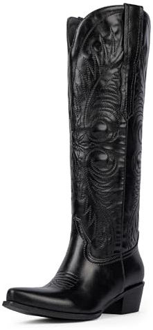 Modatope Black Cowboy Boots for Women Knee High Cowgirl Boots Embroidered Pointed Toe Chunky Heel Western Boots Pull On Wide Calf Tall Boot Size 10