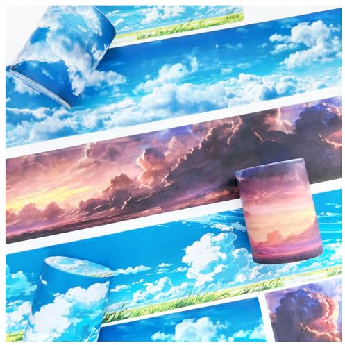 Ta Merry Set di Adesivi per Album, 3 Bobine di Nastro Washi per Scrapbooking Accessori per Temi PET Cielo Estetico Adesivi per la Decorazione per Bullet Journal/Diario/Quaderno (Cielo 1)
