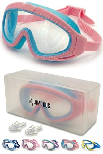 JIMJOOS Kids Swimming Goggles 6-14 - Wide View, Anti Fog, UV Protection, Leak Proof Swim Goggles for Boys Girls - Adjustable Back Strap - Hard Case & Silicone Ear Plugs Included