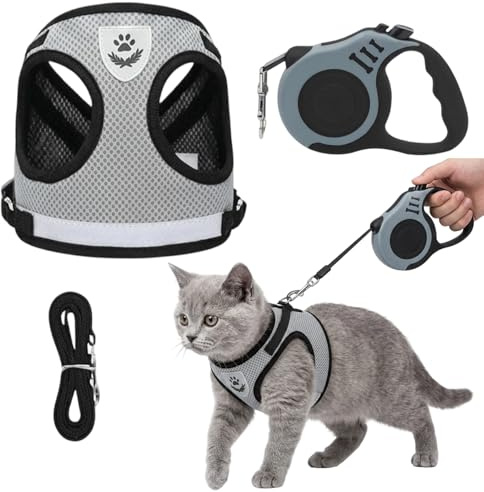 Katzen Geschirr Set Mit Leine, 3-Teiliges Katzenleine Set Für Sicheren Auslauf, Komfortables Katzengeschirr Mit Ausbruchsicherer Leine, Ideal Für Spaziergänge Und Training, Größe 39x30 Cm Und 15x12x3,
