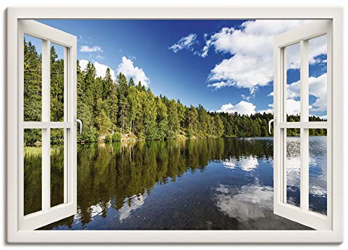 ARTLAND Wanddeko Leinwand Bilder Wandbild 100x70 cm Fensterblick Wald See Landschaft Norwegen Natur Landhaus T1DY