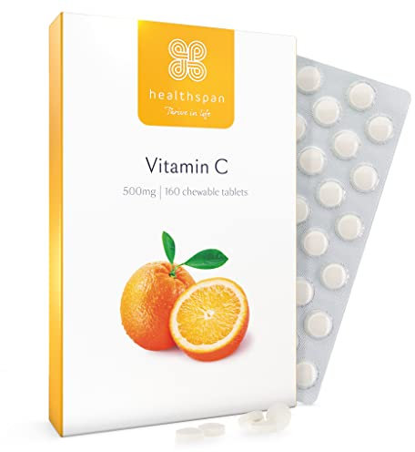 Healthspan Vitamin C 500mg (160 Chewable Tablets) | Supports Immune & Nervous Systems | Boosts Energy Levels & Psychological Function | Added Natural Citrus Bioflavonoids | Free of Aspartame | Vegan