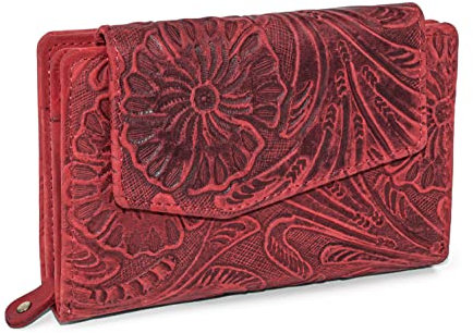 Damen Geldbörse | Leder Langbörse Blumen | Blumenmuster Vintage Portemonnaie | Echt-Leder Geldtasche Groß (Rot)