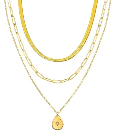 YONVUN Ketten Set Layering Dreifach Halskette Damen aus Edelstahl in Silber, 18k Gold & Roségold, Wasserfest & Hautverträglich mit Anhänger, 40-55 cm Länge verstellbar Schmuck Set Geschenk
