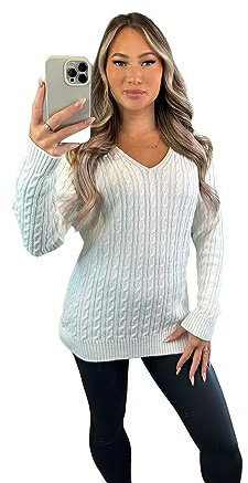 Crazy Fashion Ladies Long Sleeve V-Neck Knitted Cable Women’s Jumper Knitted Sweater Pull Over Jumper Top Knit Warm Winter Chunky Everyday Casual Pullover Plain Tops UK 8-22