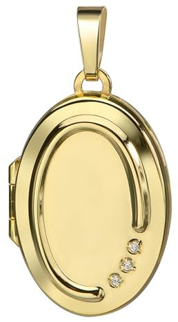 JEVELION Medaillon Gold 585/14 Karat Anhänger mit 3 Zirkonia Amulett oval zum Öffnen für 2 Bilder + Halskette